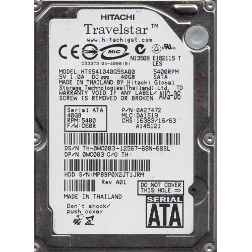 Hitachi 40GB 5.4K Sata 2.5inch Laptop hard disk 0A27472